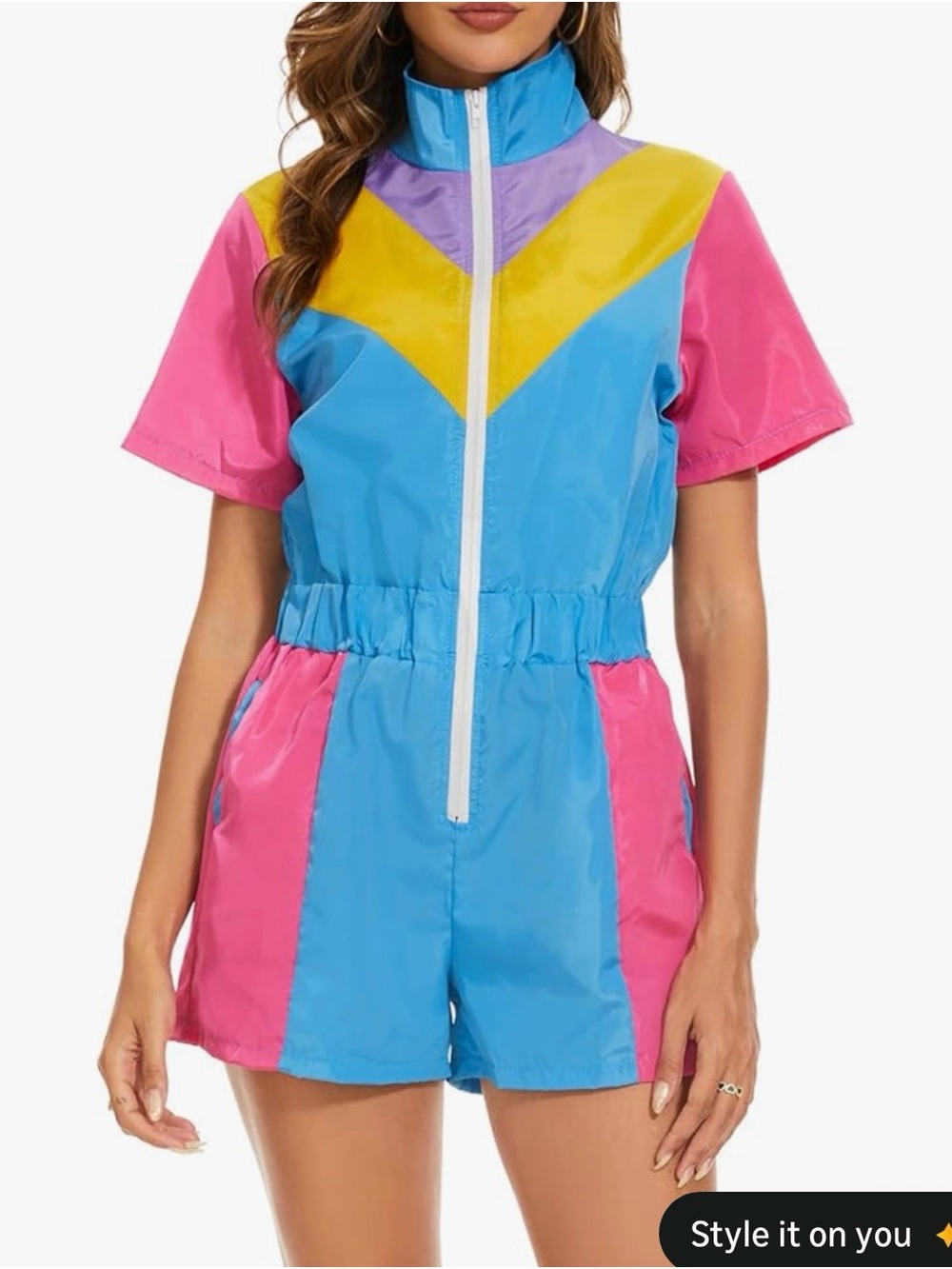 Amazon Women's Colorblock Short Jumpsuit in Blue, Pink, Yellow & Purple